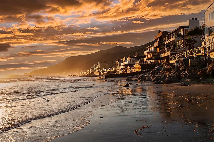 "Sunset view of Topanga Beach in picturesque Malibu, California.