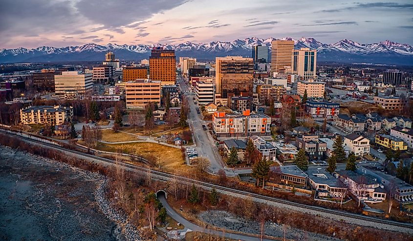 Aerial view of a sunset over downtown Anchorage, Alaska in Spring