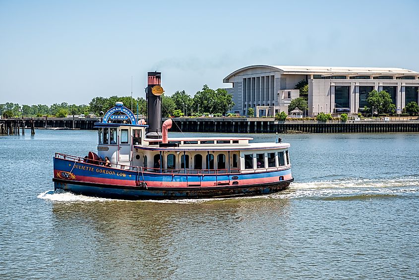 Ferries and large riverboats are a common sight on the Savannah River. 