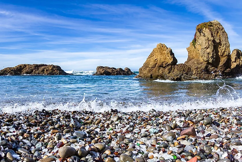 Colorful glass pebbles blanket this beach in Fort Bragg