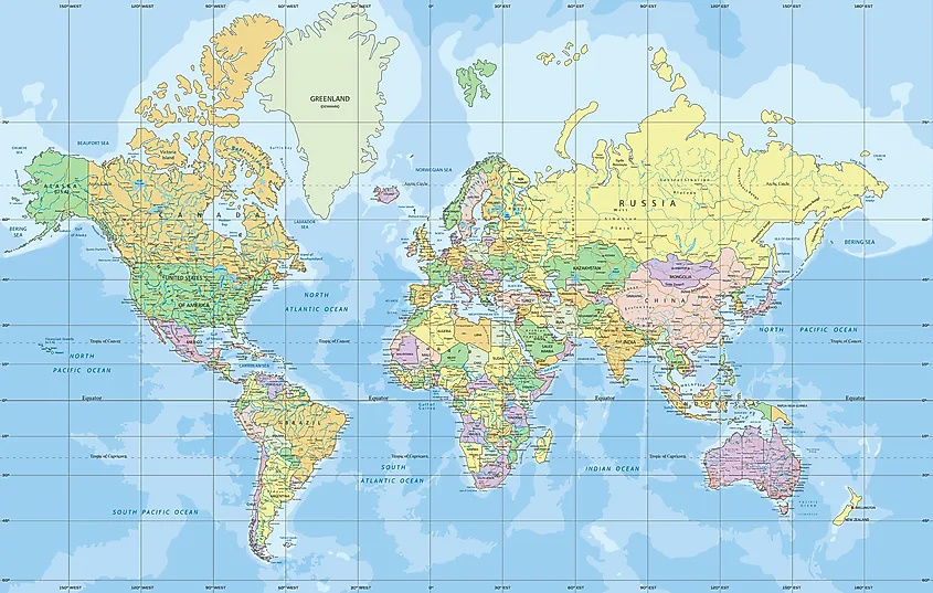 Mercator projection world map political