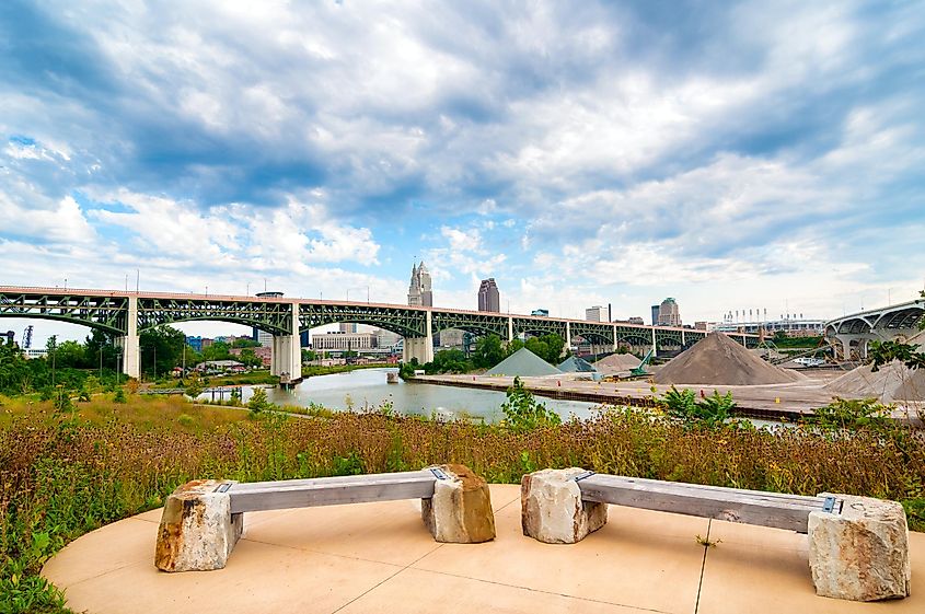 View of the Cuyahoga River from Scranton Flats near downtown, between two major highway bridges