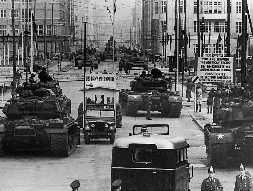 Soviet and American tanks face each other at Checkpoint Charlie during the Berlin Crisis of 1961