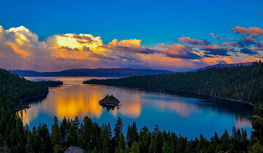 Sunset in Emerald Bay, South Lake Tahoe. Colorful sunset reflections on the mountain lake with a small island in the middle