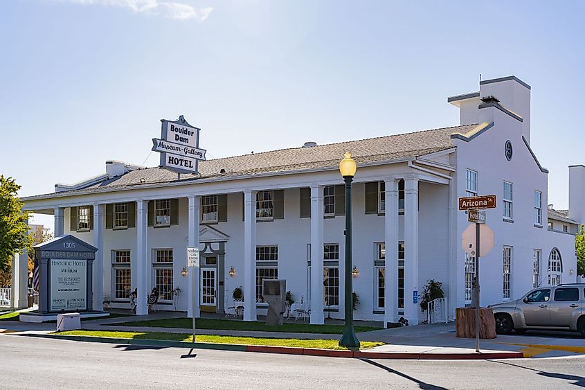 Exterior view of the famous Boulder Dam Hotel and museum at Boulder City, Nevada