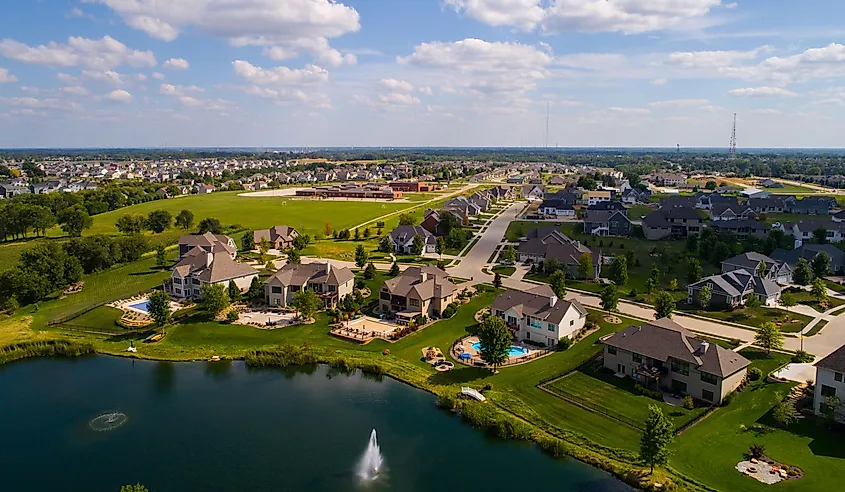 Aerial image of single family homes in Bettendorf, Iowa.