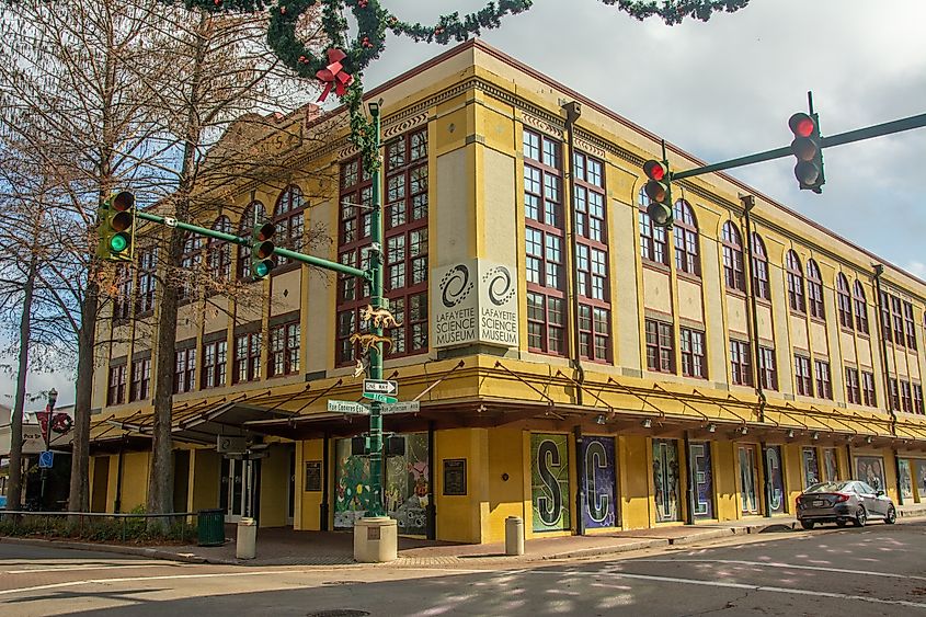 Corner view of the Lafayette Science Museum building on Jefferson Street in downtown Lafayette, Louisiana.