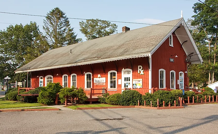 Former train station on a sunny afternoon in Kent, Connecticut.