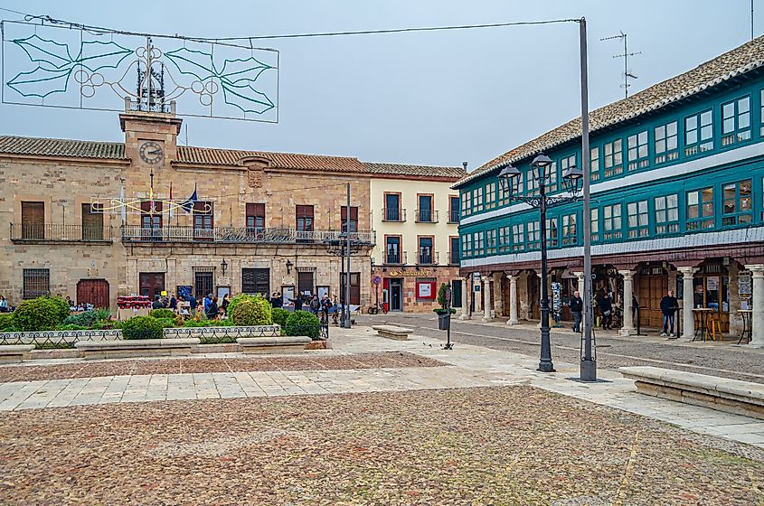 View of the Plaza Mayor in Almagro, Ciudad Real province, Castilla La Mancha, Spain.