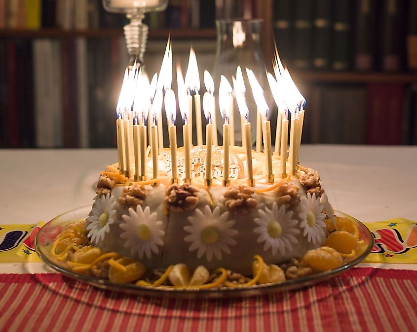 A birthday cake with lit candles