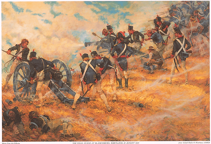 Waterhouse's depiction of US Marines at Bladensburg, Maryland, in defense of Washington, D.C. against the British on 24 August 1814.