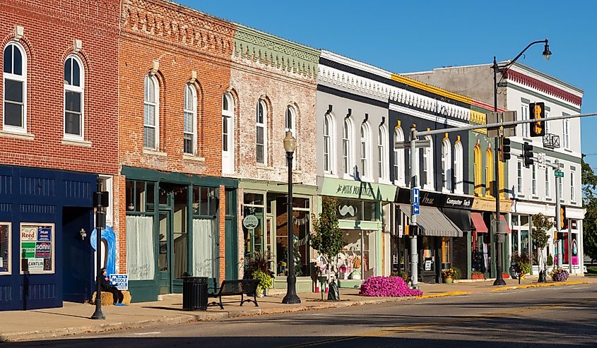 Colorful old brick buildings and storefronts in downtown Princeton, Illinois.