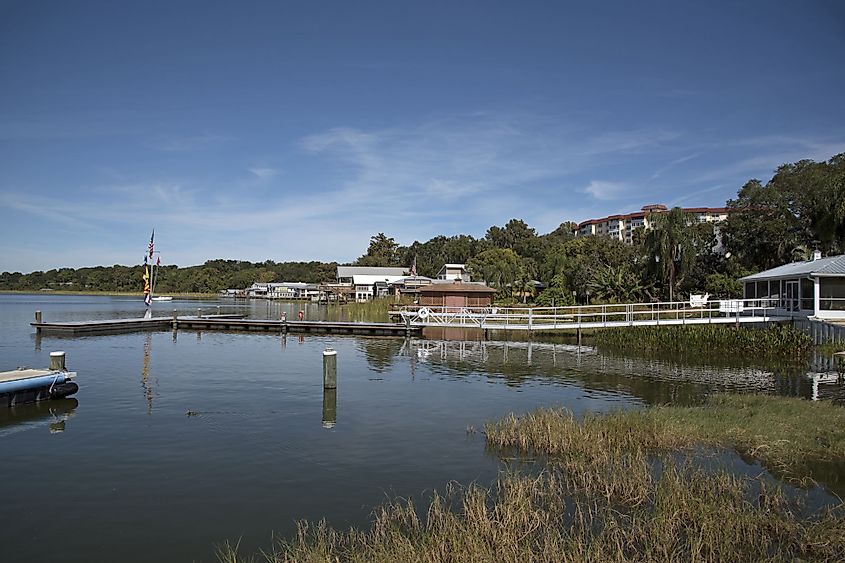 Landing stage for boats on the waterfront of Lake Dora