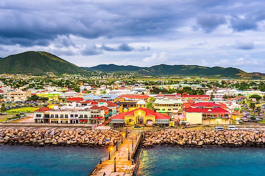 Basseterre, St. Kitts and Nevis town skyline at the port.