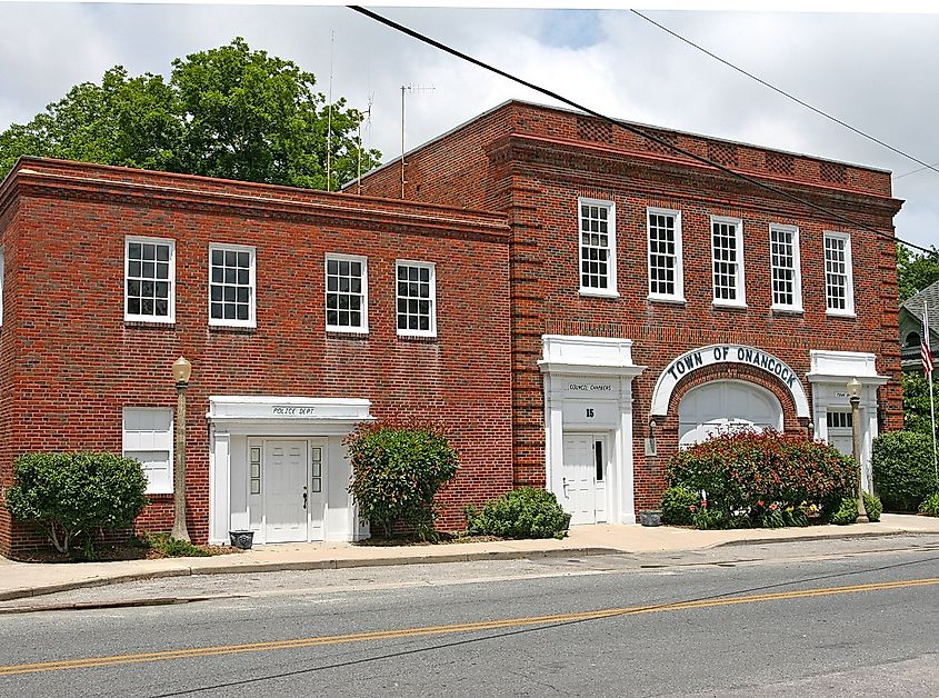 The town hall and police department in Onancock are housed in the town's historic fire hall.