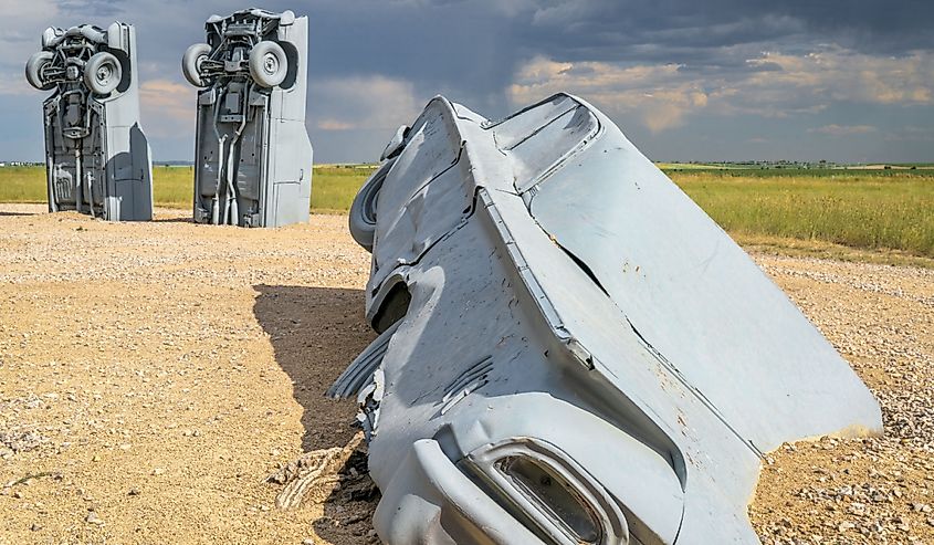 Carhenge - famous car sculpture created by Jim Reinders, a modern replica of England's Stonehenge using old cars.
