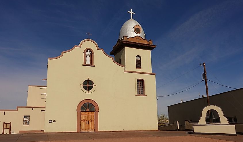 View of the landmark Ysleta Mission church located in the Ysleta del Sur Pueblo in El Paso, Texas.