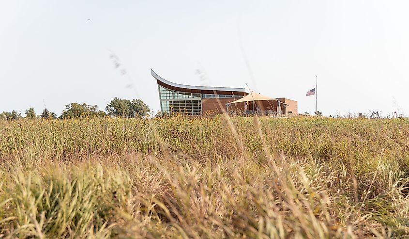 Homestead National Historical Park, visitor center and museum building with tall prairie grass in foreground