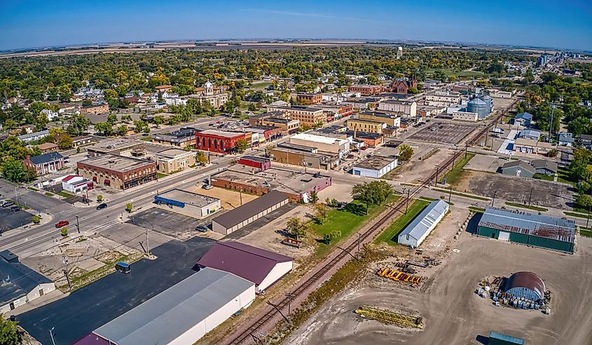 Aerial View of Downtown Wahpeton, North Dakota in Summer.