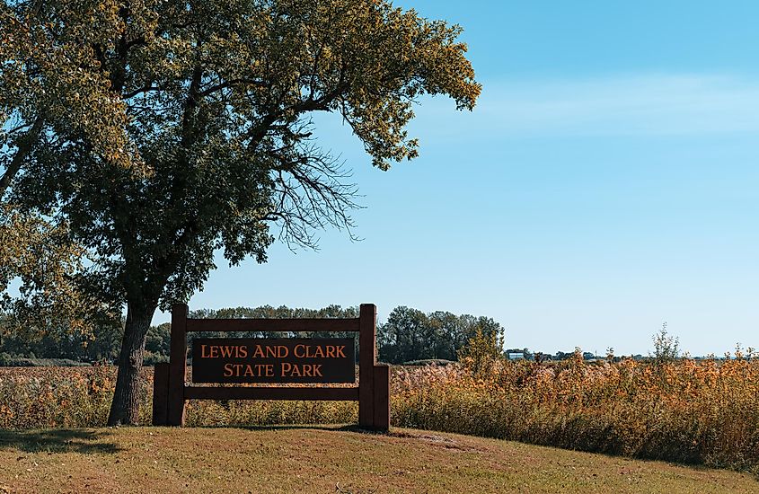 The entrance sign at Lewis and Clark State Park near Onawa, Iowa.