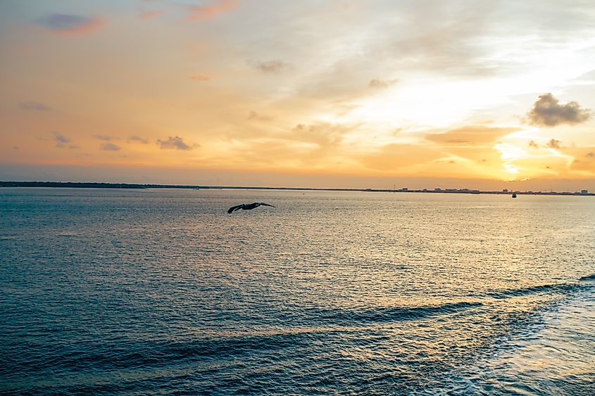 Sunset over the Mississippi River Delta at the mouth of the Mississippi River, Louisiana.