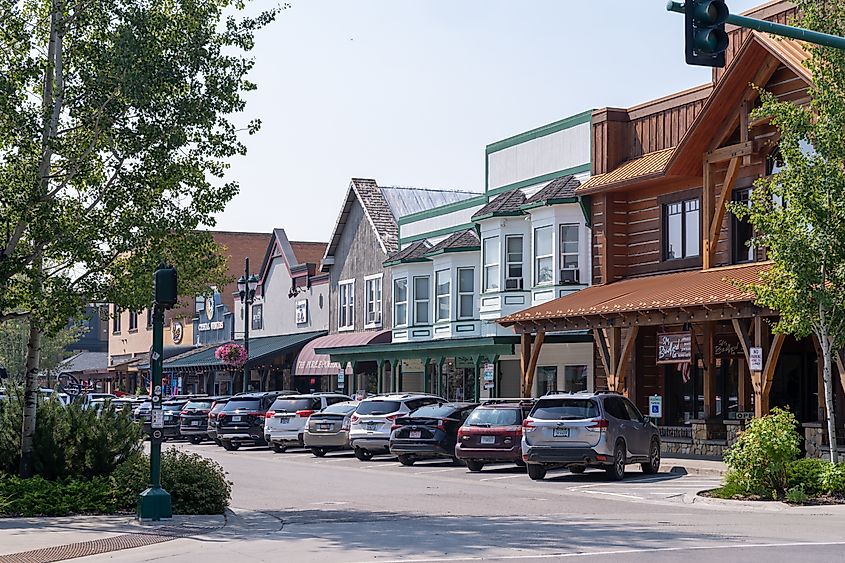 Whitefish, Montana - August 13, 2021: Shops and businesses of Whitefish Montana's downtown area
