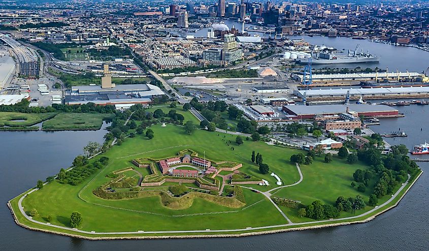 Aerial view of Fort McHenry with downtown Baltimore and Inner Harbor in the background