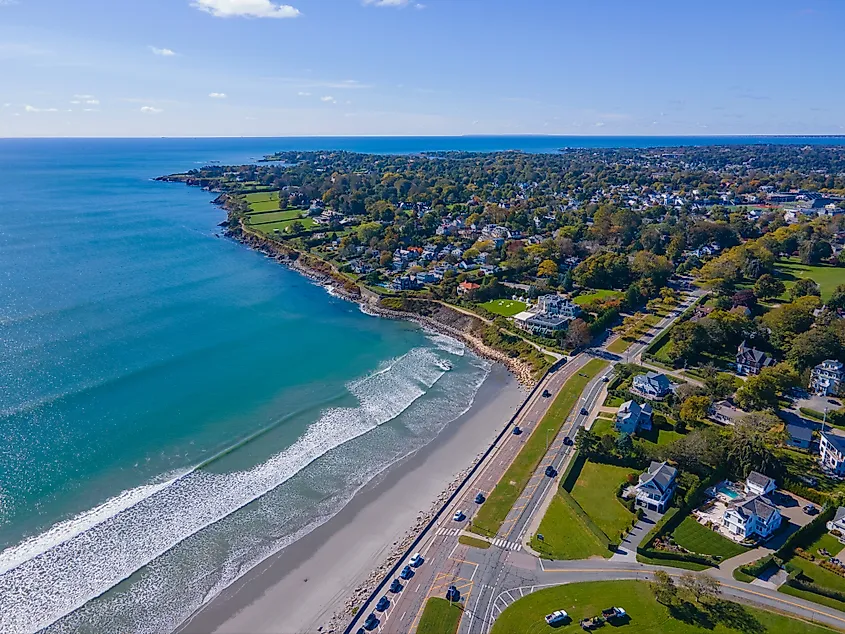 Easton Beach aerial view in fall between city of Newport and Middletown, Rhode Island