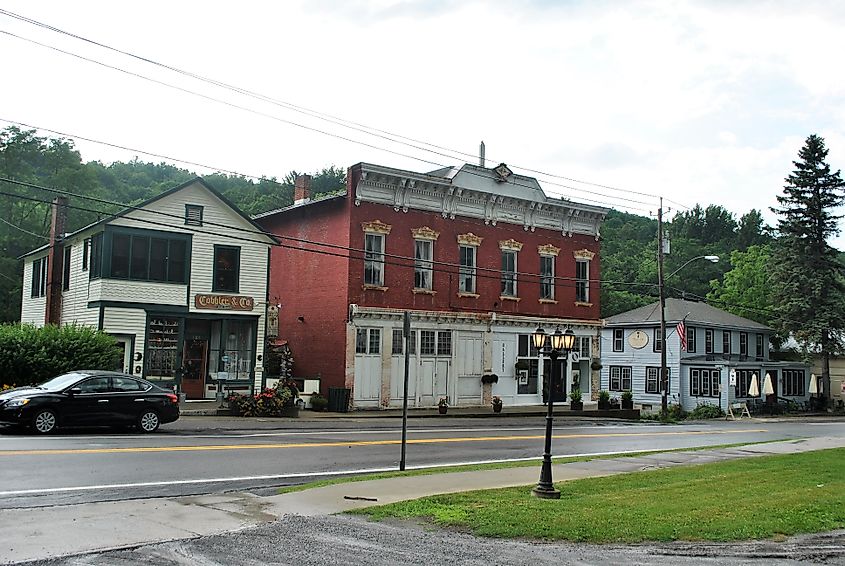 Buildings along a street in Sharon Springs, New York.