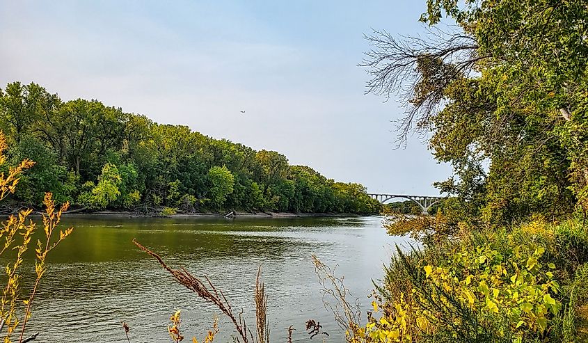 Beautiful fall colors with the Minnesota River from Pike Island in Fort Snelling State Park in St Paul, Minnesota.