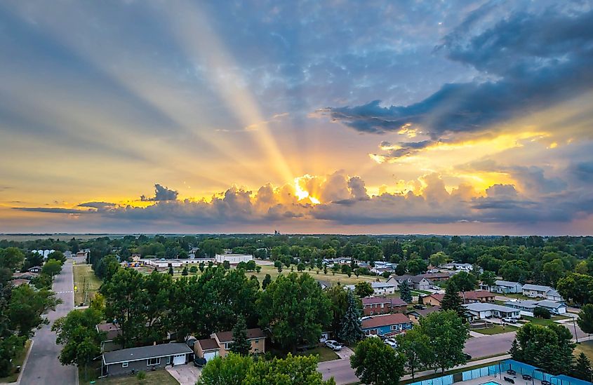 An expansive aerial perspective captures the charming town of Devils Lake, North Dakota.