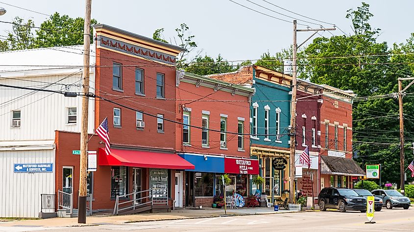Rustic buildings lined along a street in the town of Waterford, Pennsylvania.