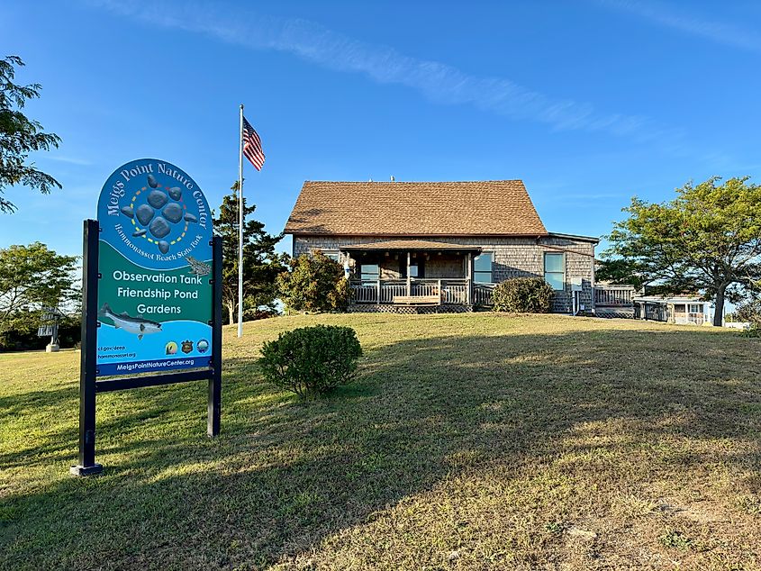 Meigs Point Nature Center sign and building.