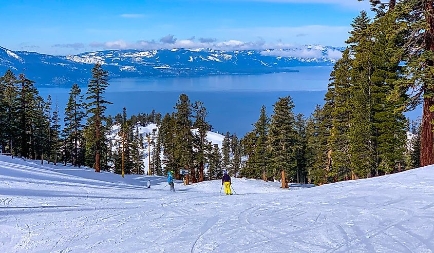 Skiers on the hill at Heavenly Ski Resort, California.