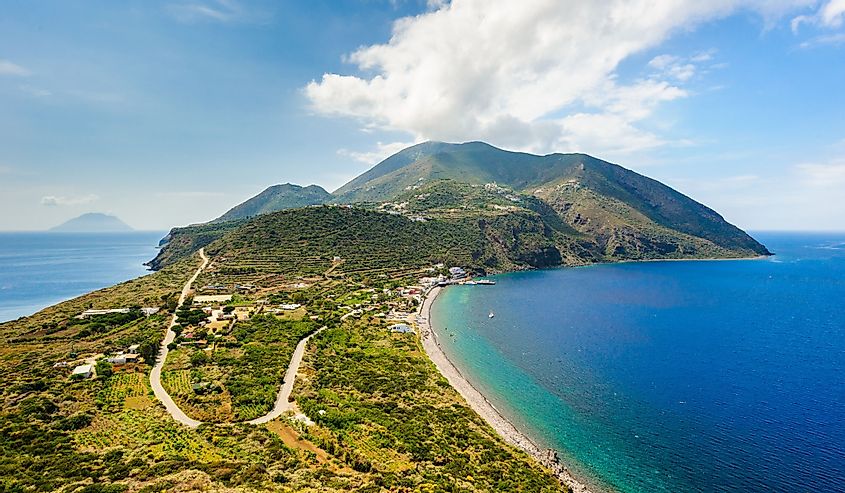 Aerials view of lush green trees and plants on Filicudi and Salina, Aeolian Islands, Sicily, Italy.