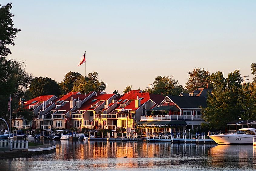 Sunrise illuminates the buildings along the Vermilion River in Vermilion Ohio