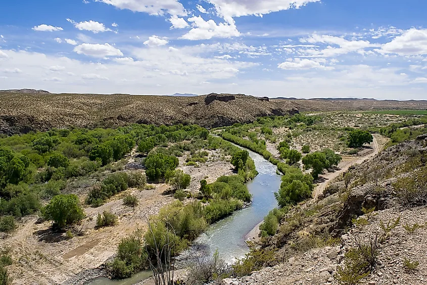 The Gila River flowing through the Gila Box Riparian National Conservation Area near Safford, Arizona