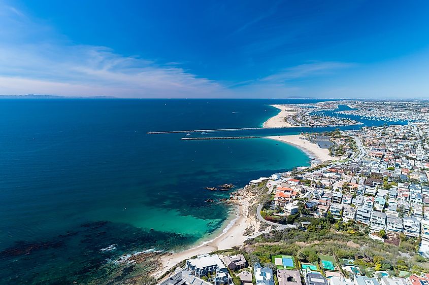 Aerial drone shot over Newport Beach in Orange County, California