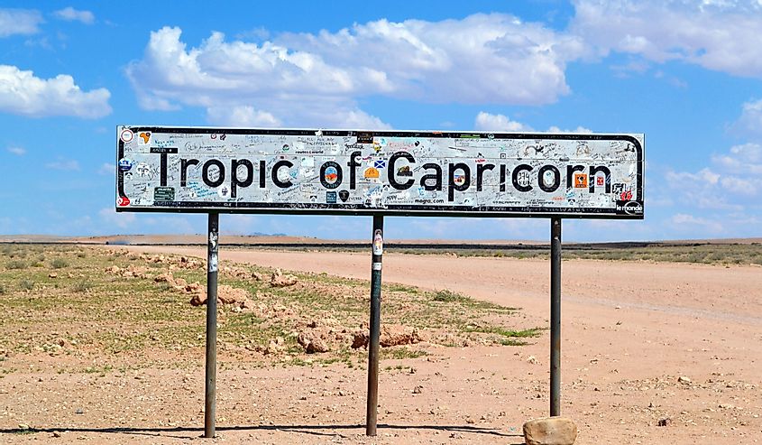 Tropic of Capricorn sign in the desert where a circular crosses Namibia in the south of Africa.
