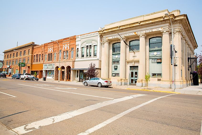 Historic buildings along a street in Miles City, Montana.