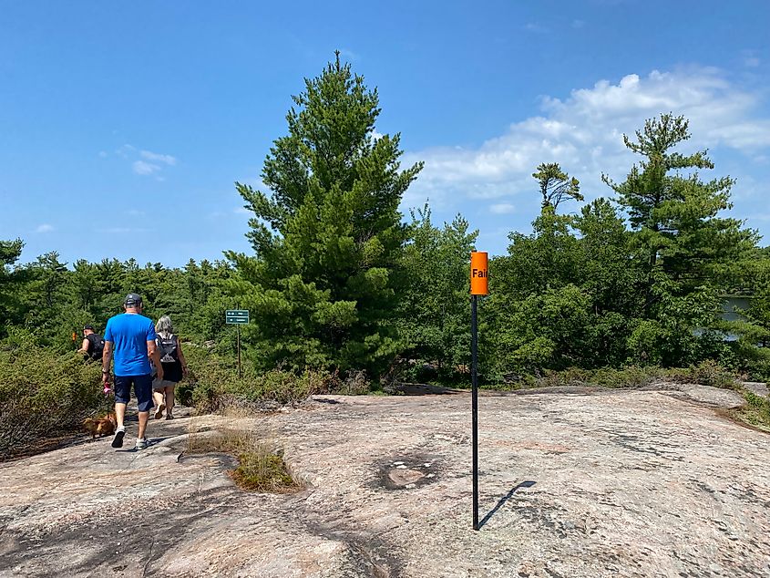 A family of hikers walks over a section of granite rock and into a signed forest trail.