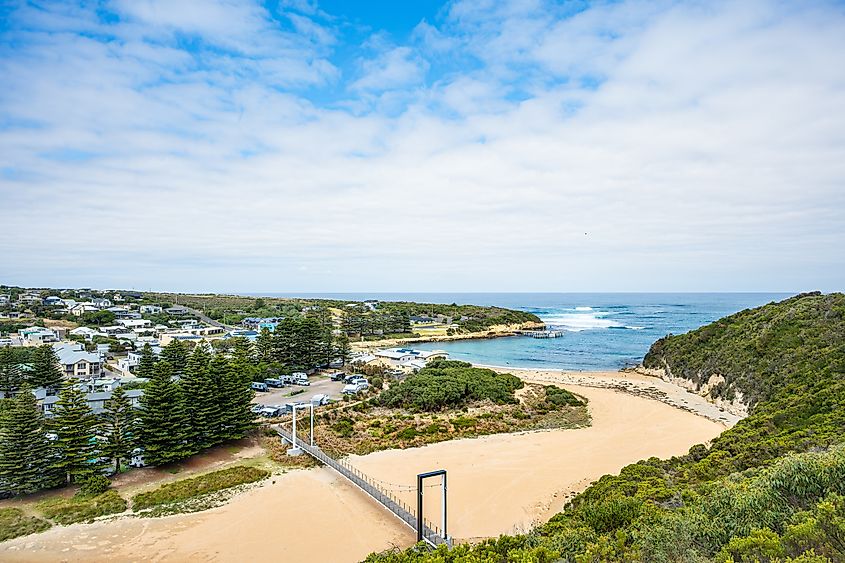 Aerial view of the coastal town of Port Campbell, Victoria, Australia.