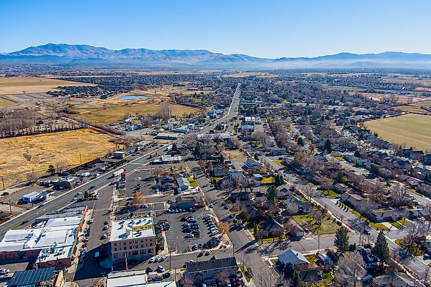 Aerial view of Minden and Gardnerville, Nevada, along Highway 395 in the Carson Valley.