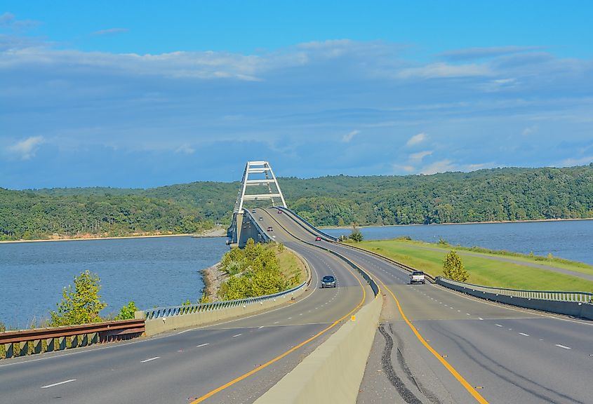 The Eggners Ferry Bridge stretches across Lake Barkley in Trigg County, Kentucky