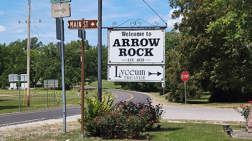 Entrance sign to the town of Arrow Rock and the Lyceum Theatre in Missouri.