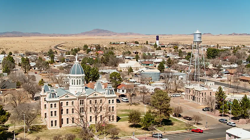 Aerial shot of Marfa, Texas on a clear sunny day.