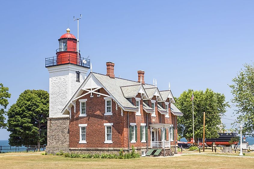 The Dunkirk Lighthouse shines its beacon over the New York coast of Lake Erie