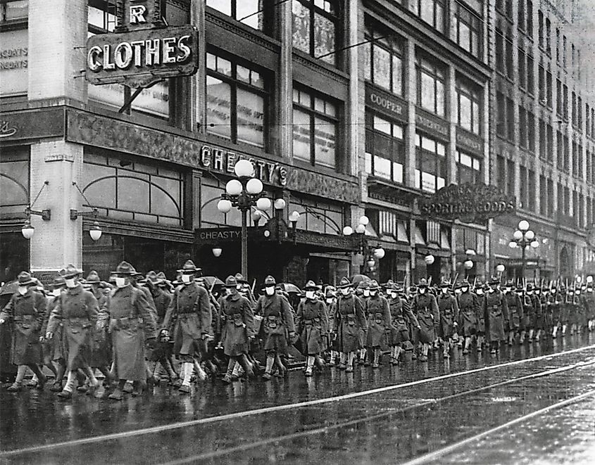 The U.S. 39th Regiment wear masks on their way to France during the 1918-19' Spanish Influenza pandemic.