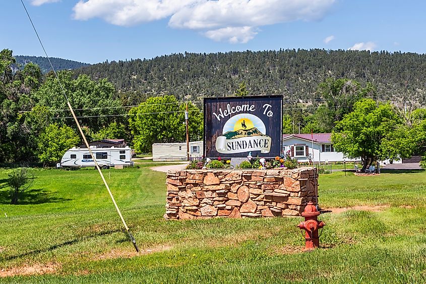 Welcome sign at the entrance to Sundance, Wyoming