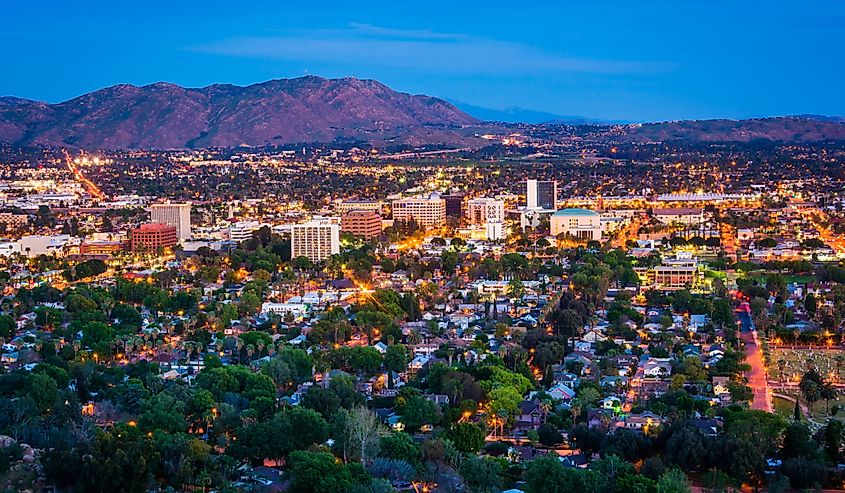 Twilight view of the city of Riverside, from Mount Rubidoux Park, in Riverside, California